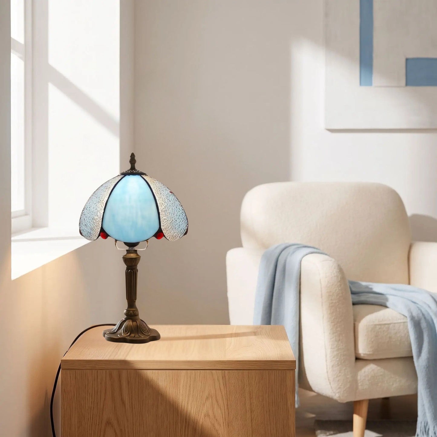 lampes à poser petite table sejour style tiffany vitrail givre bleu et blanc