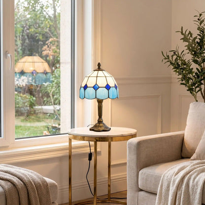 lampes à poser reflet fenetre style tiffany vitrail bleu et blanc