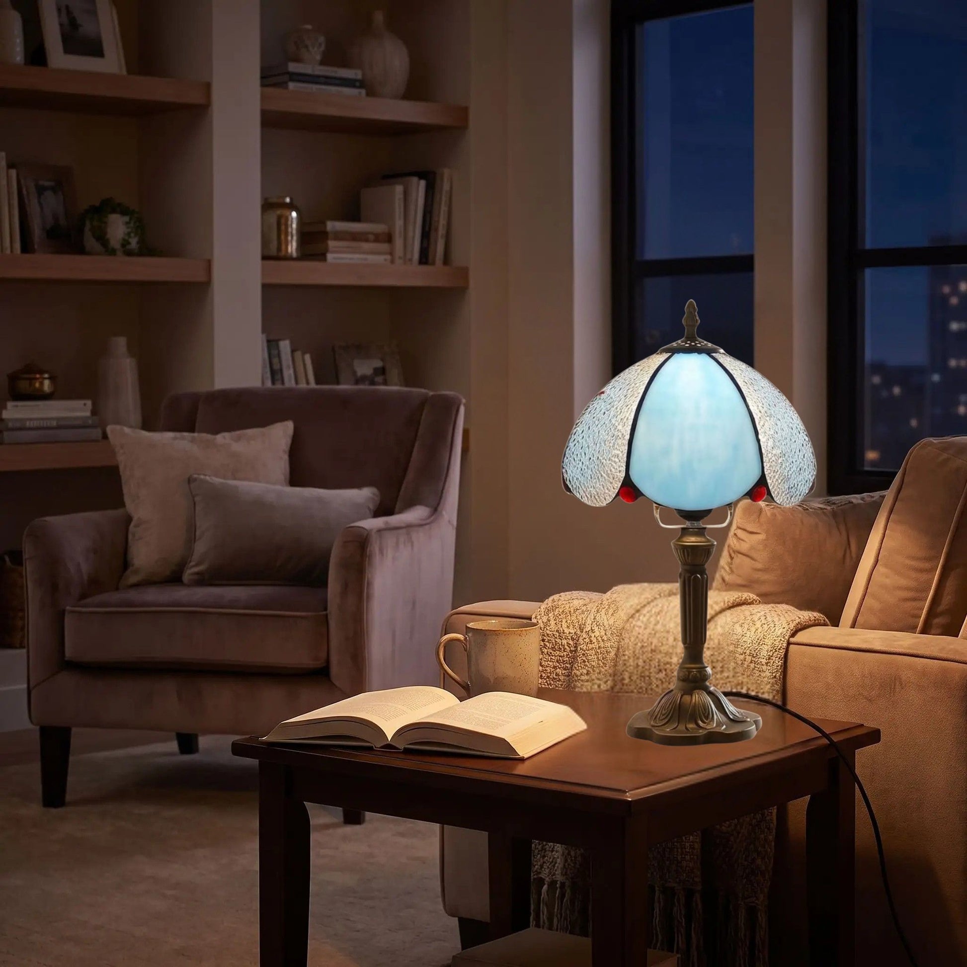 lampes à poser sejour durant nuit style tiffany vitrail givre bleu et blanc