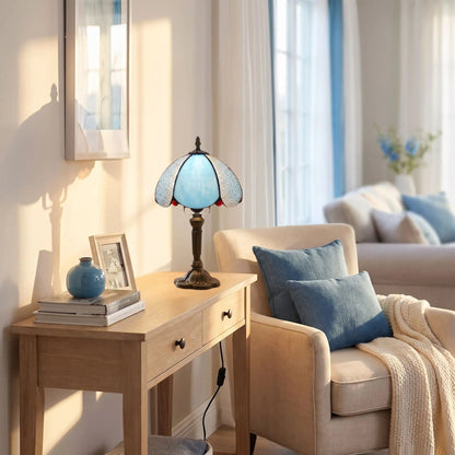 lampes à poser sejour fauteuil style tiffany vitrail givre bleu et blanc