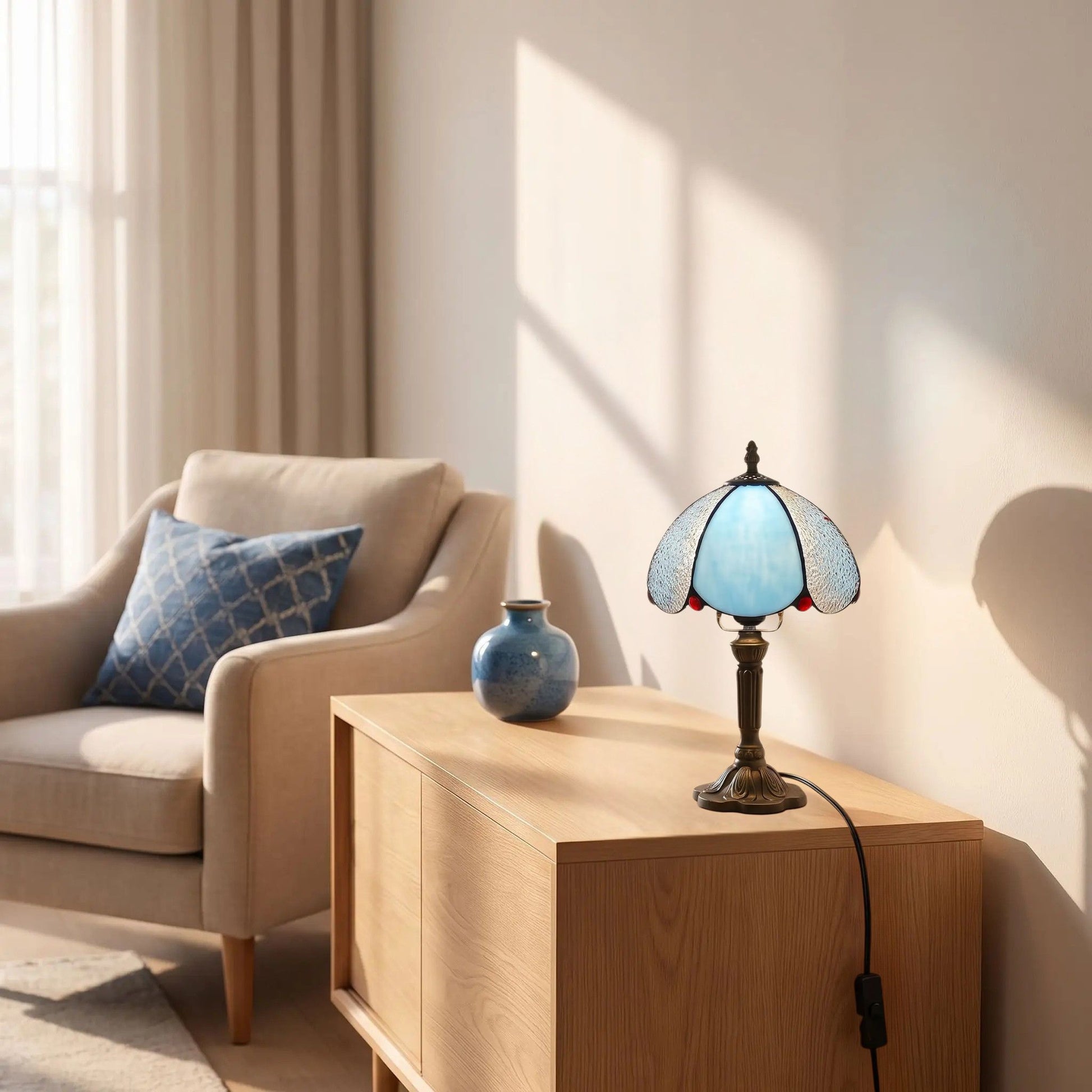 lampes à poser sejour style tiffany vitrail givre bleu et blanc