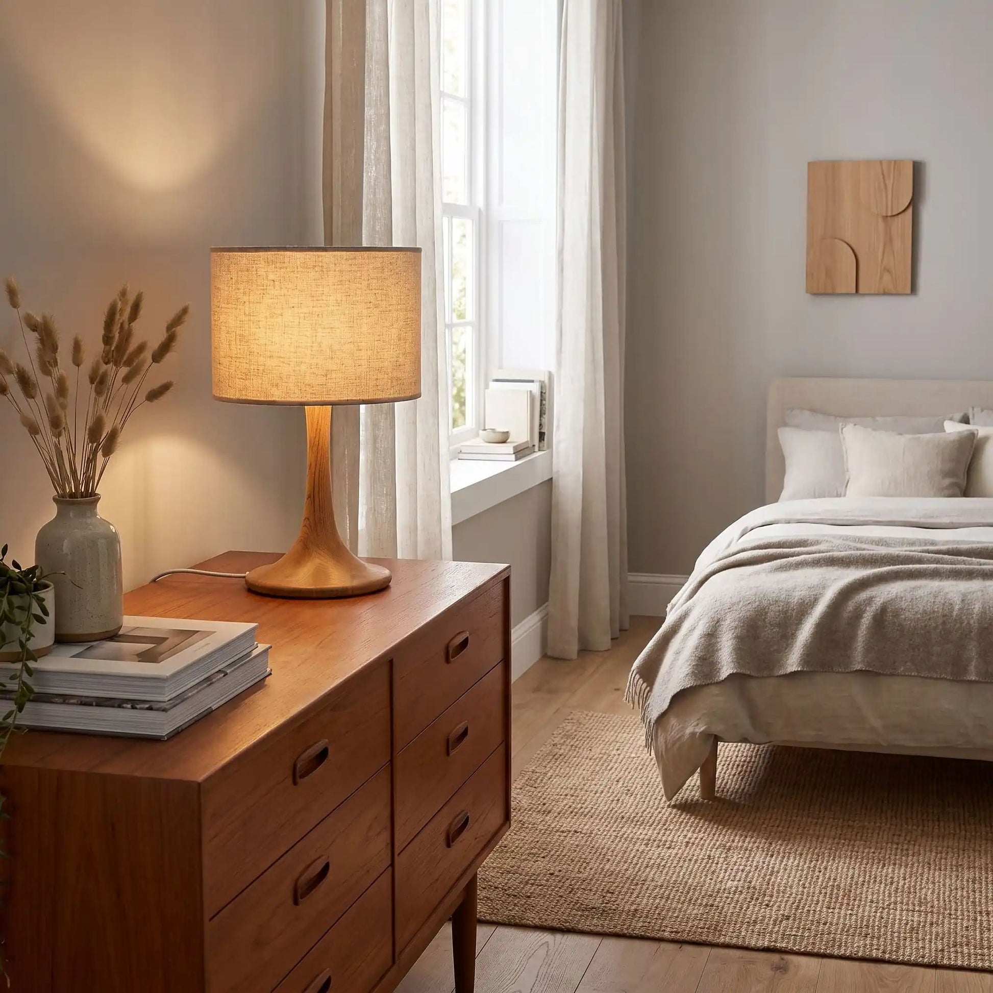 lampes de chevet console chambre scandinave mid century bois