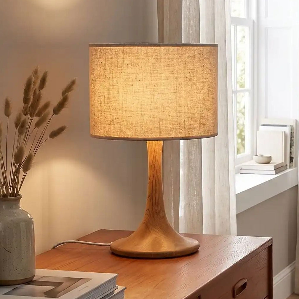 lampes de chevet console chambre vu rapproche scandinave mid-century bois