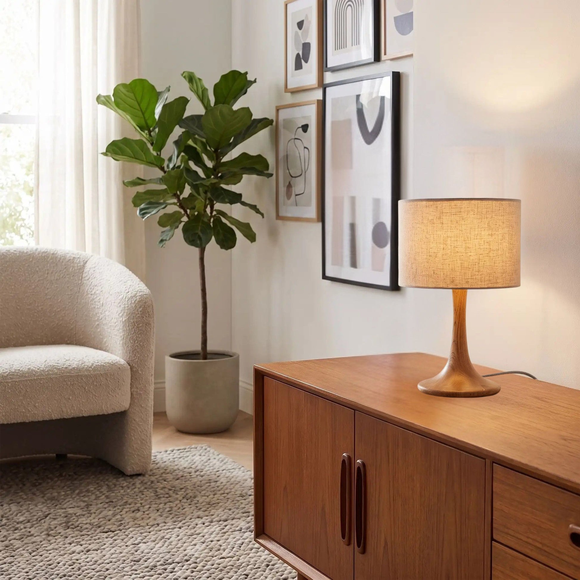 lampes de chevet console sejour avec plante scandinave mid century bois