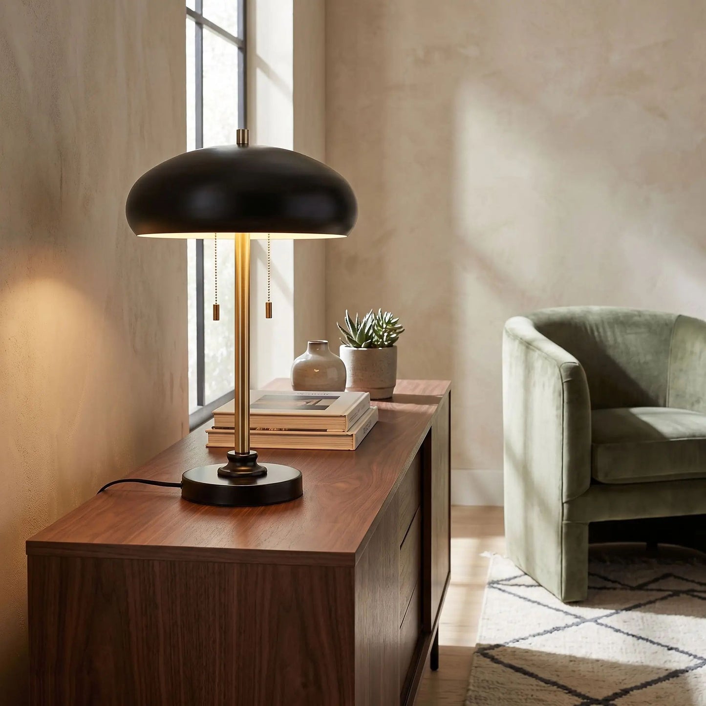 lampes de chevet console sejour mid-century noire et 
doree