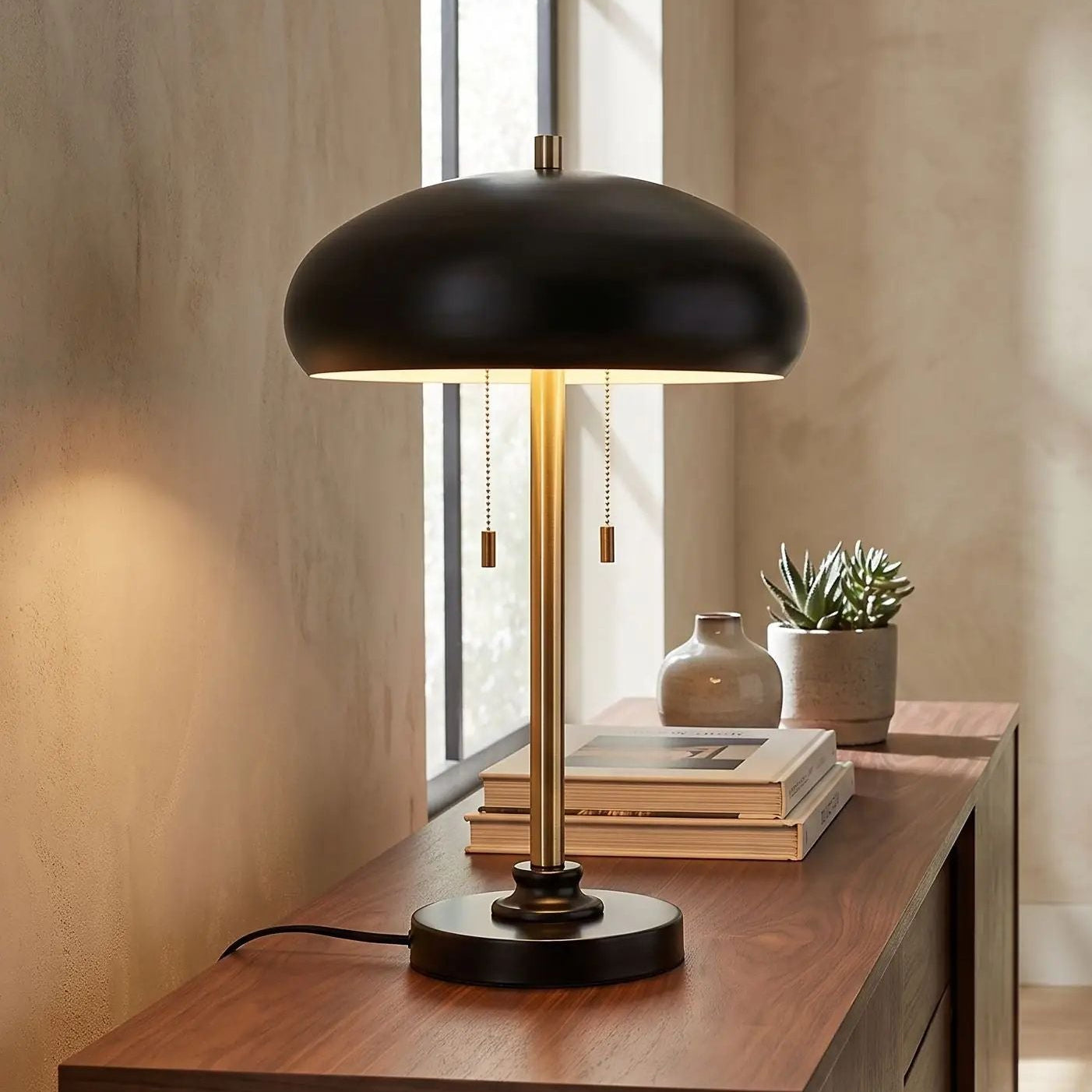 lampes de chevet console sejour vu rapproche mid-century noire et doree