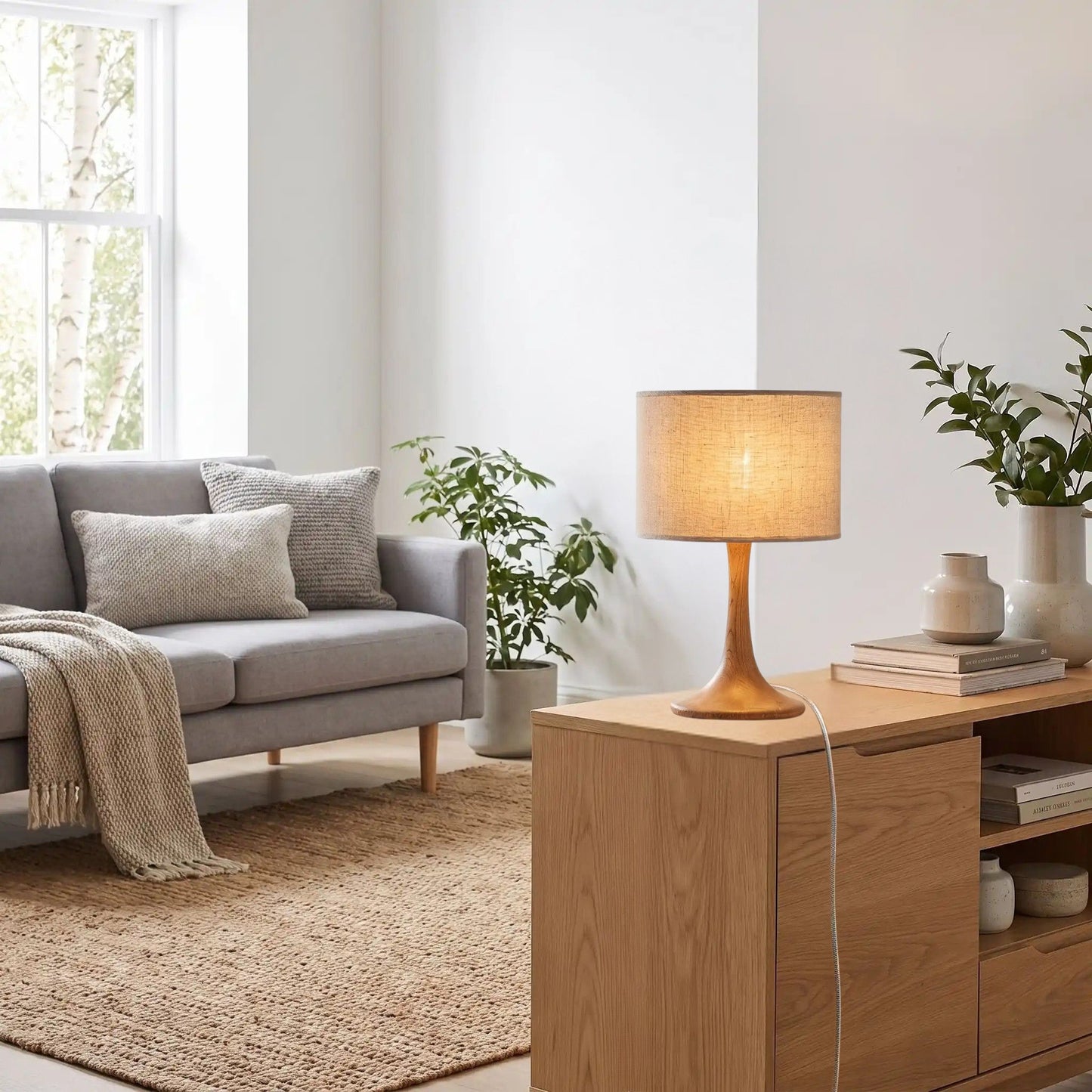 lampes de chevet dans salon scandinave mid century bois