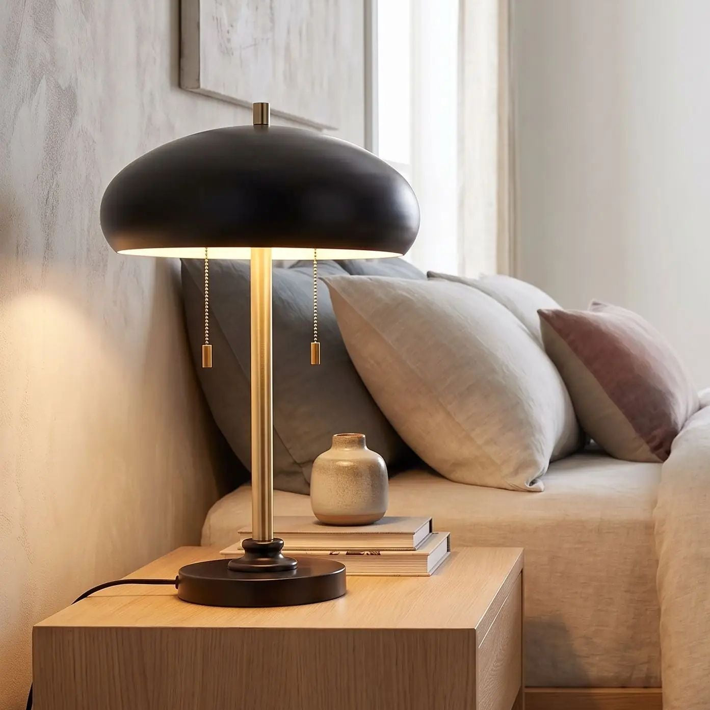 lampes de chevet table chambre vu rapproche mid-century noire et doree