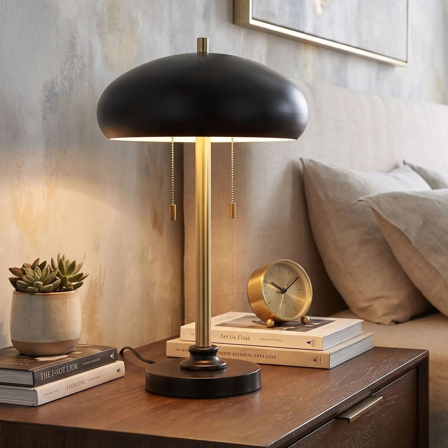 lampes de chevet vu rapproche mid-century noire et doree