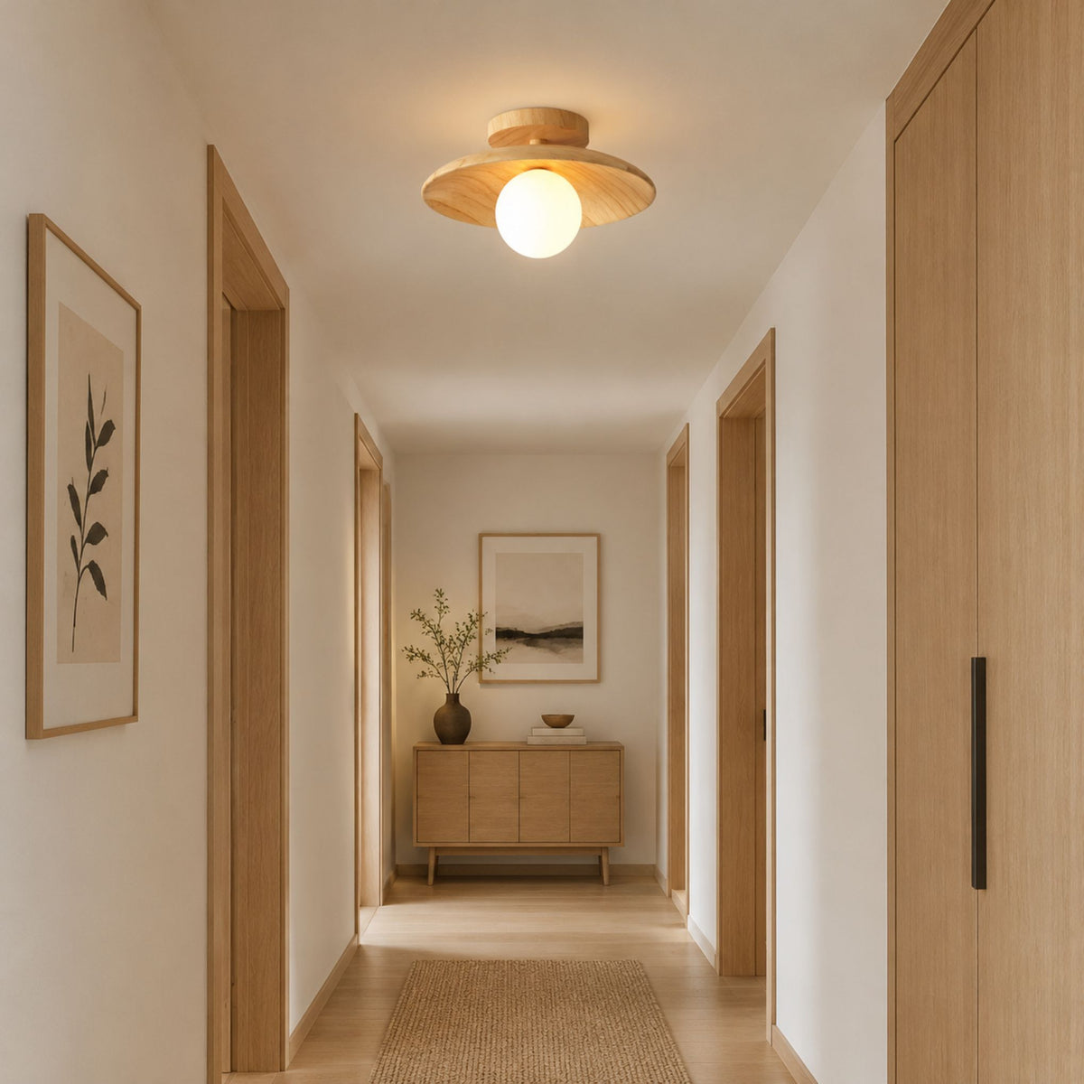 plafonnier bois design japandi naturel couloir