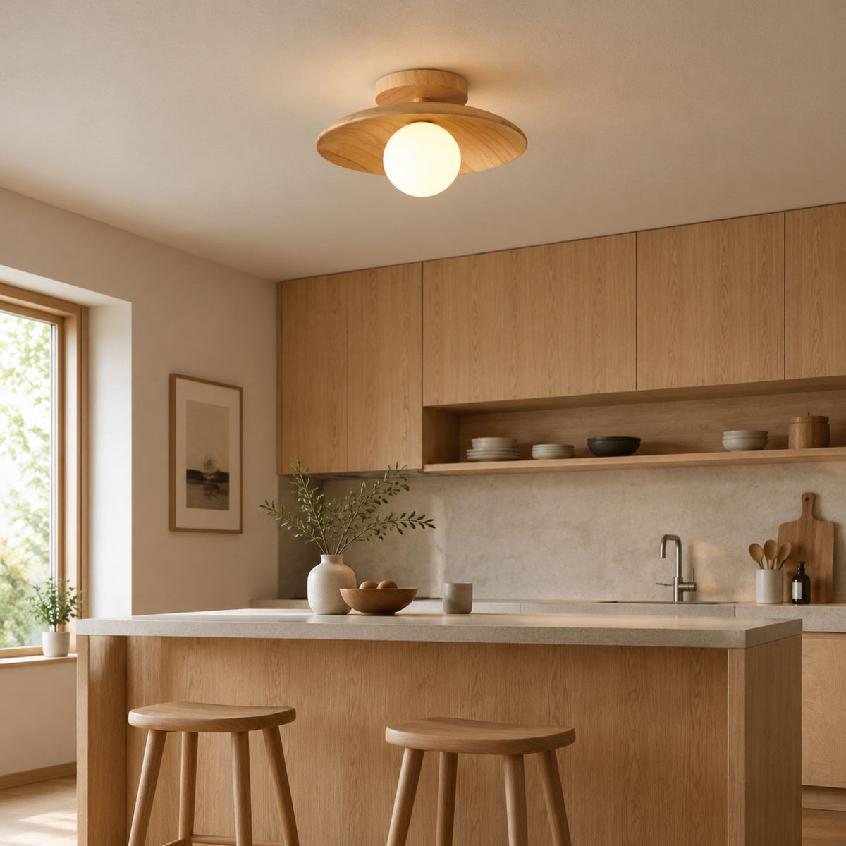 plafonnier bois design japandi naturel cuisine