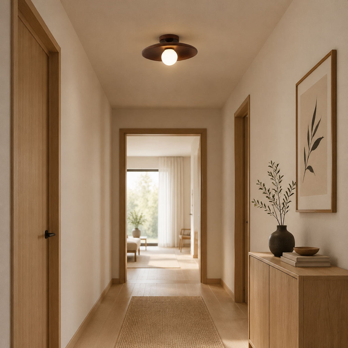 plafonnier bois design japandi noyer couloir