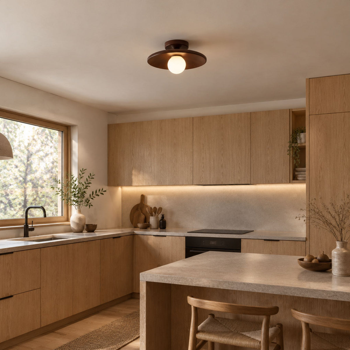 plafonnier bois design japandi noyer cuisine