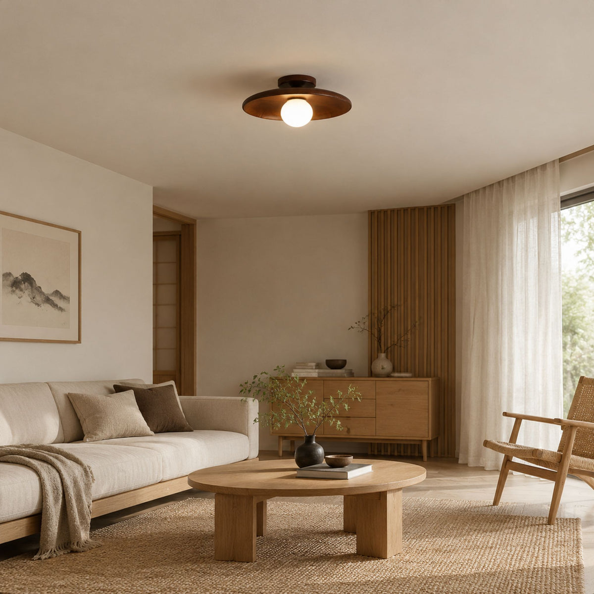 plafonnier bois design japandi noyer sejour