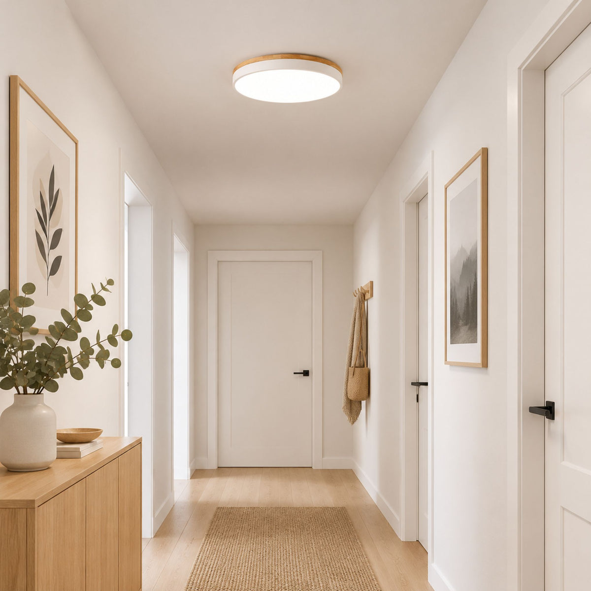 plafonnier bois design naturel nordique blanc couloir