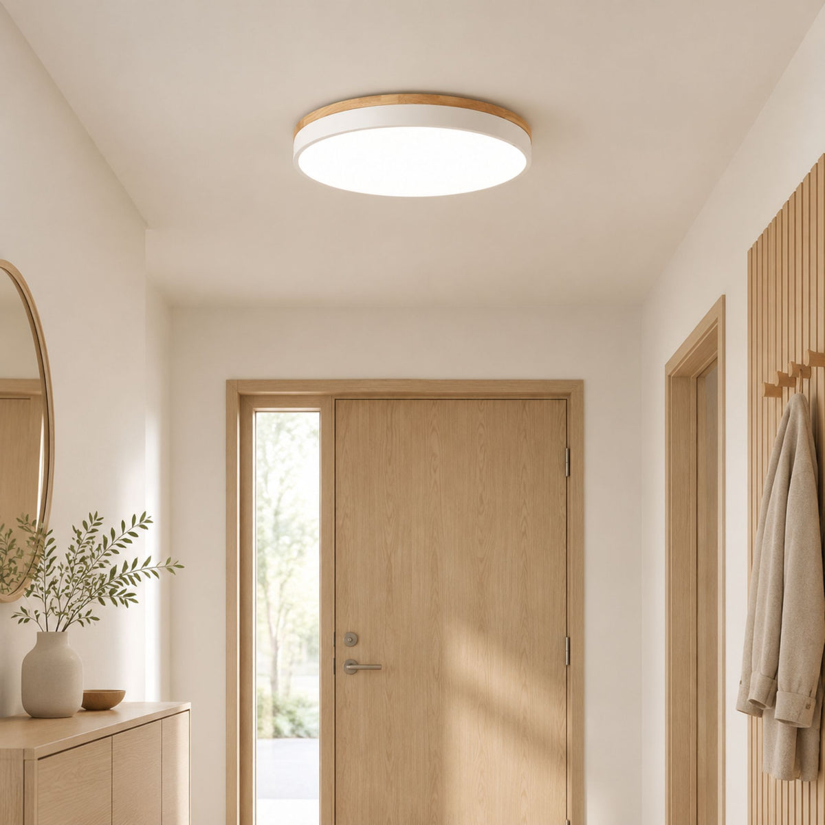 plafonnier bois design naturel nordique blanc entree