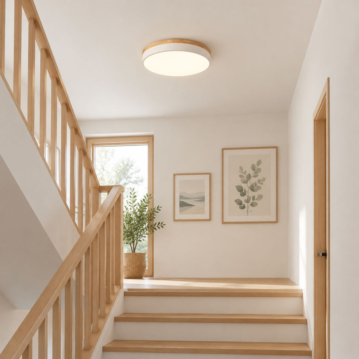 plafonnier bois design naturel nordique blanc escalier