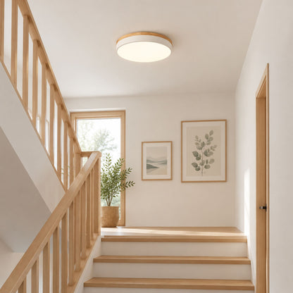 plafonnier bois design naturel nordique blanc escalier