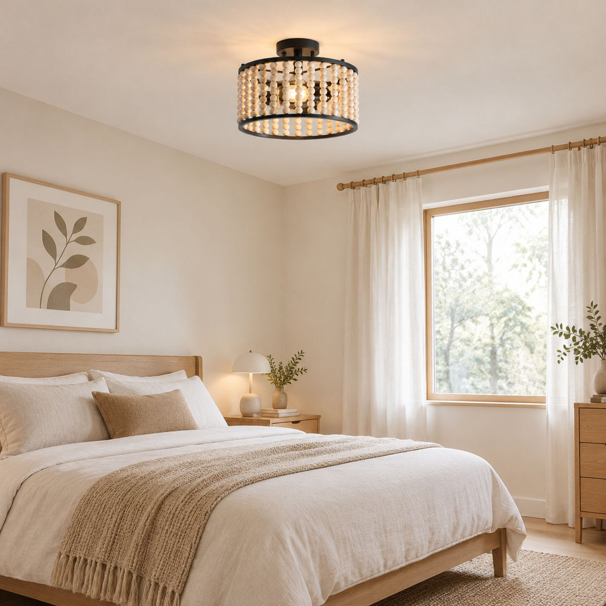 plafonnier bois farmhouse perles boheme chambre