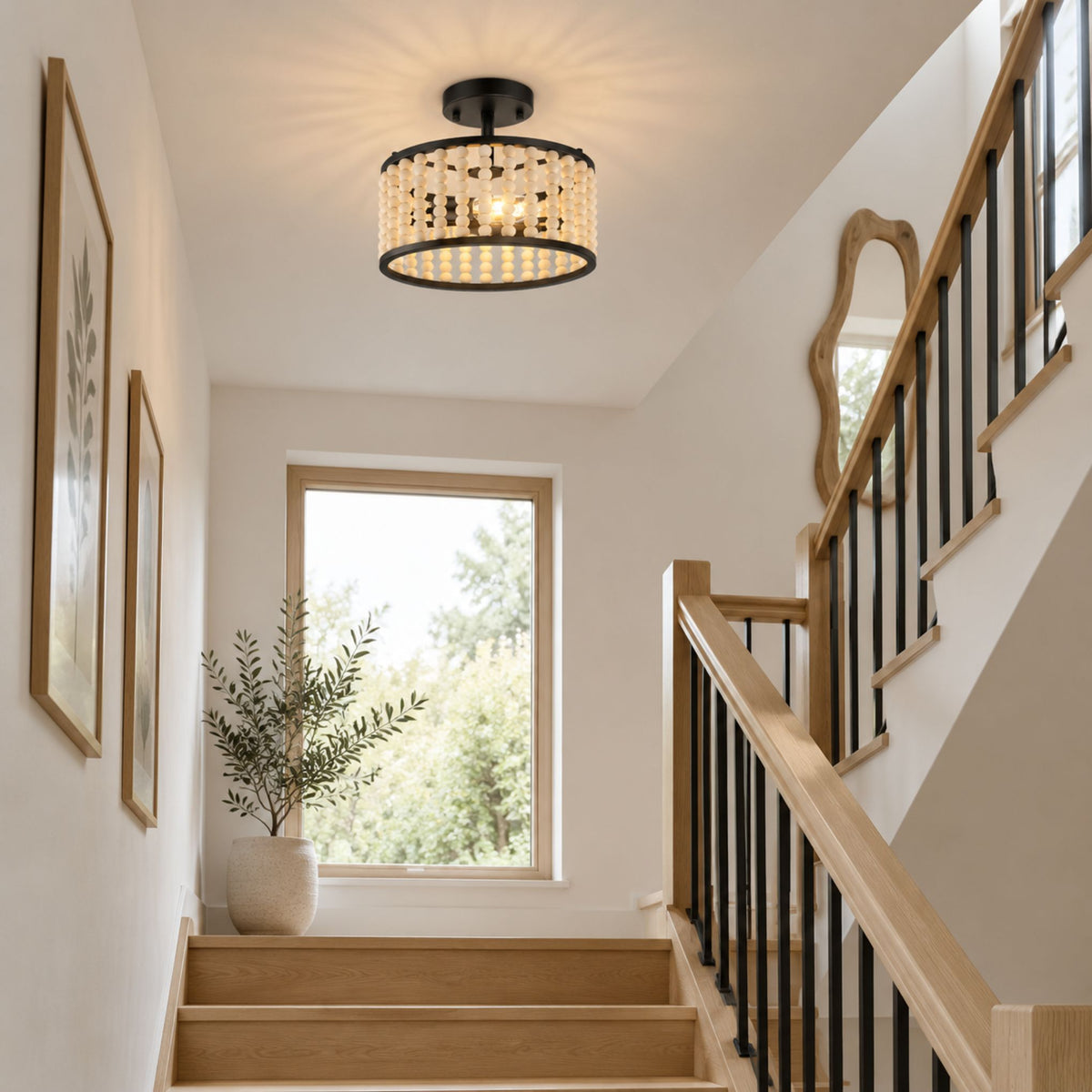 plafonnier bois farmhouse perles boheme escalier