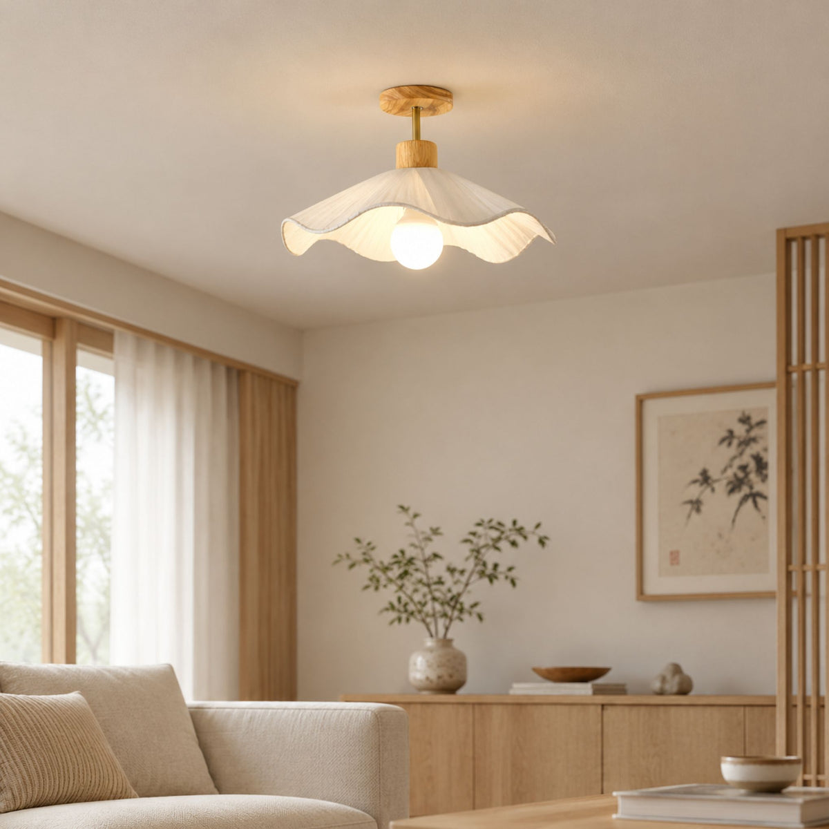 plafonnier bois japandi fleur de lotus interieur sejour