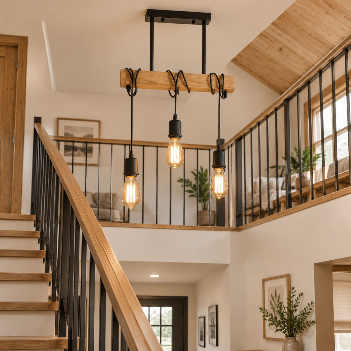 plafonnier bois loft industriel cosy escalier