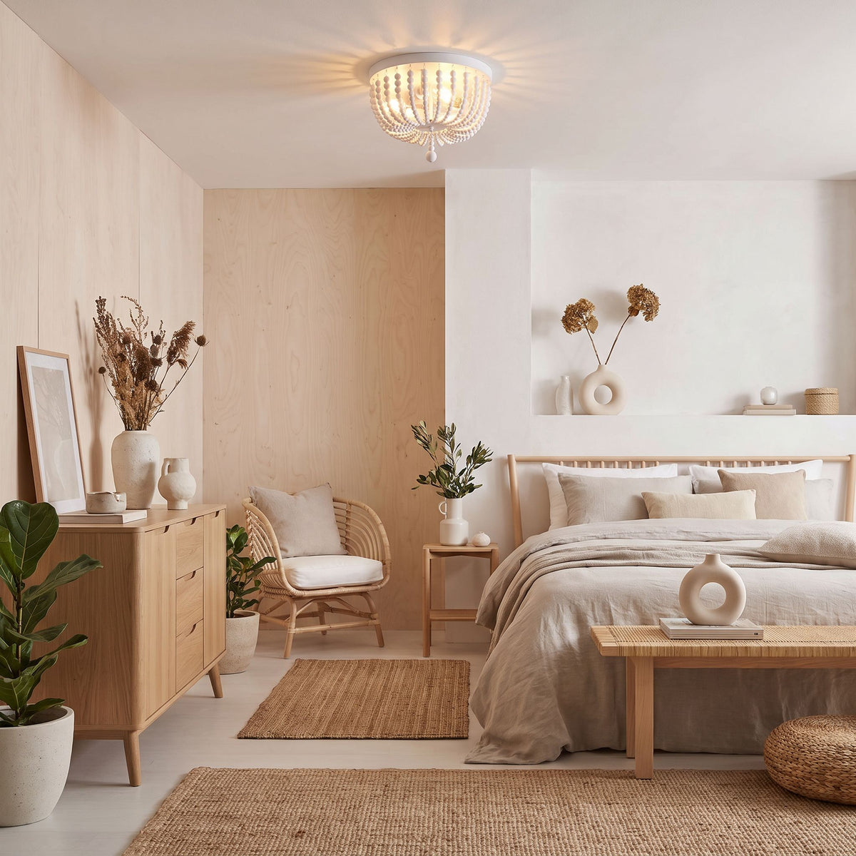 plafonnier bois perles boheme chic blanc chambre