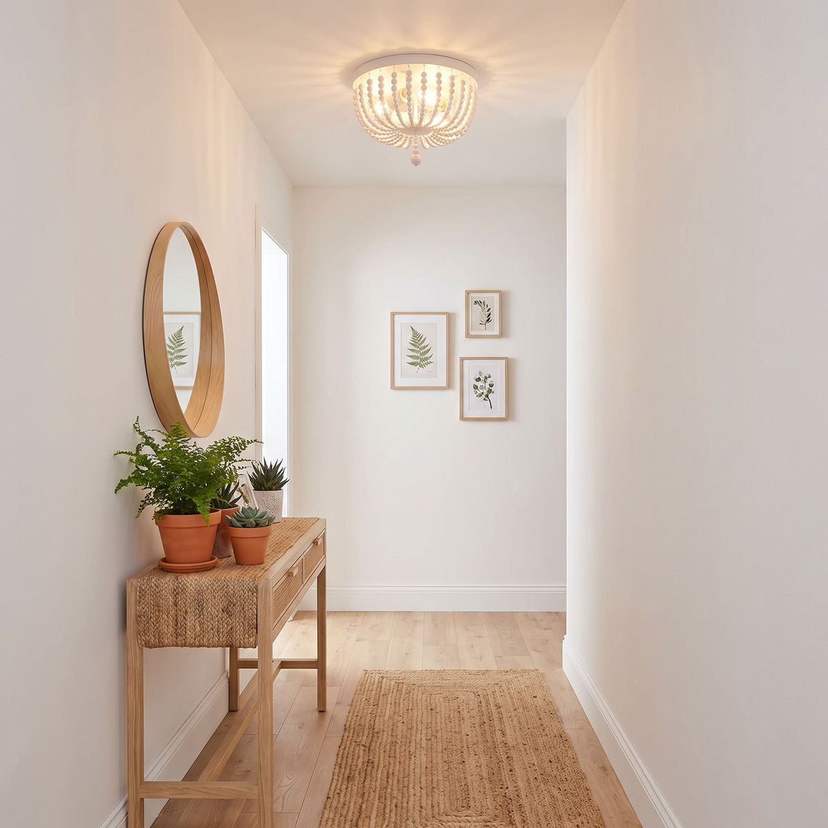plafonnier bois perles boheme chic blanc couloir