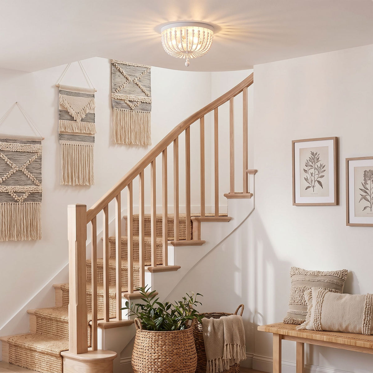 plafonnier bois perles boheme chic blanc dessus escalier