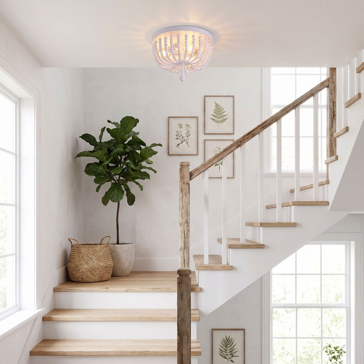 plafonnier bois perles boheme chic blanc escalier