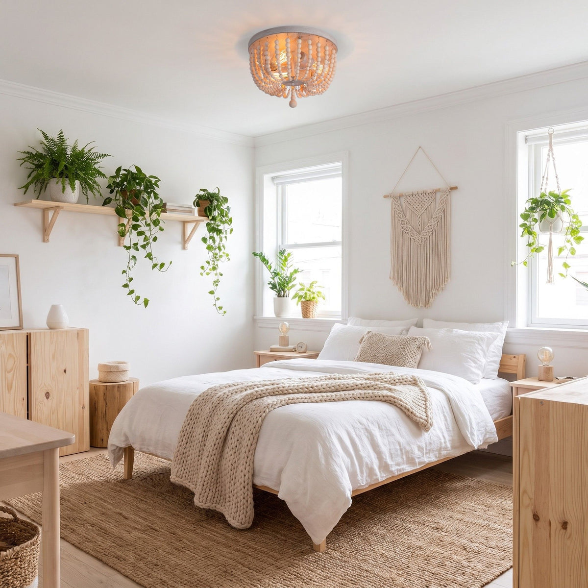 plafonnier bois perles boheme chic bois naturel chambre