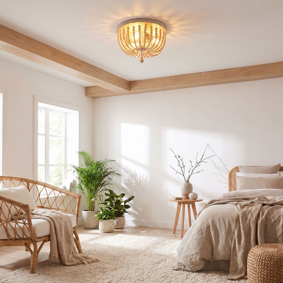plafonnier bois perles boheme chic naturel chambre