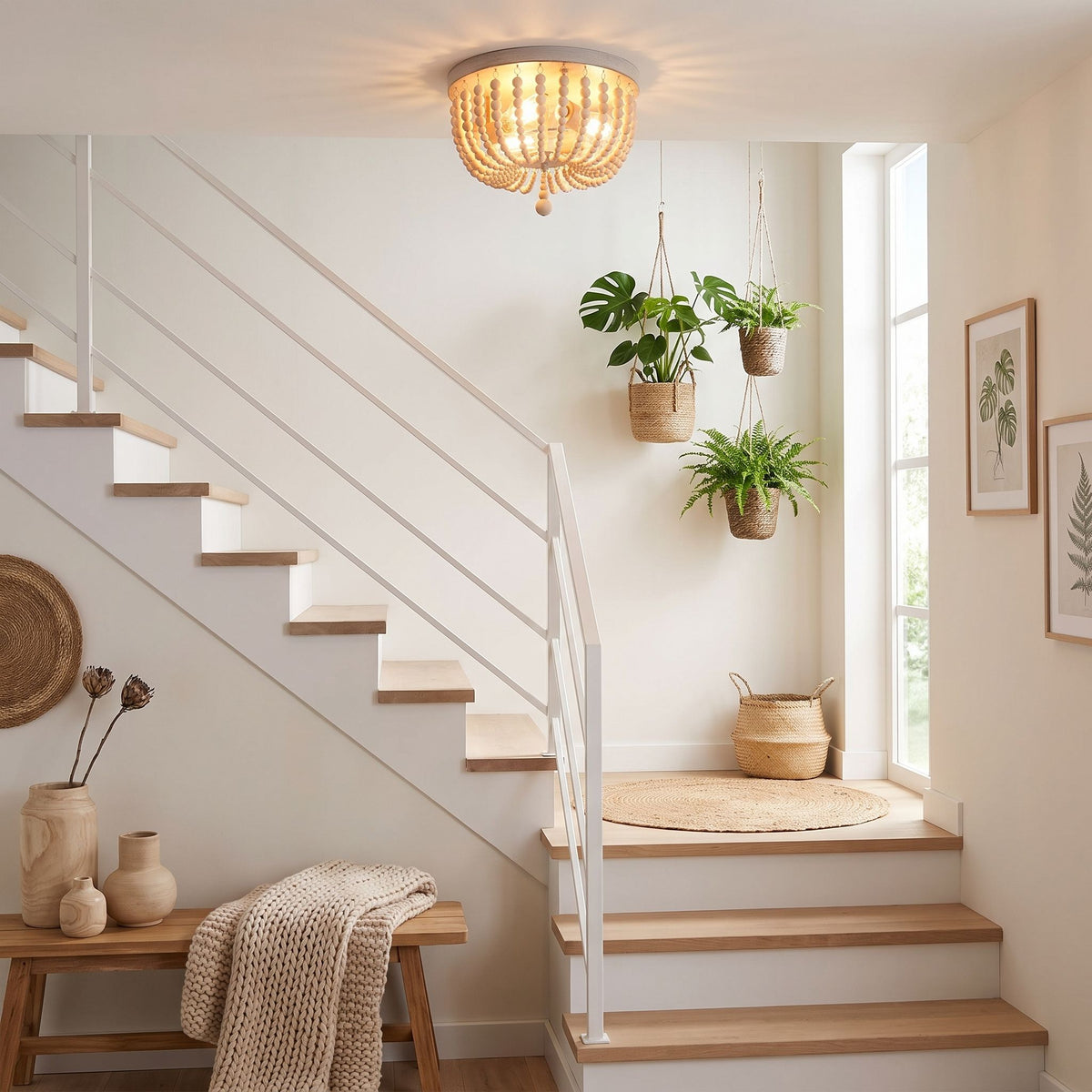 plafonnier bois perles boheme chic naturel escalier