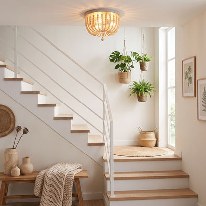plafonnier bois perles boheme chic naturel escalier