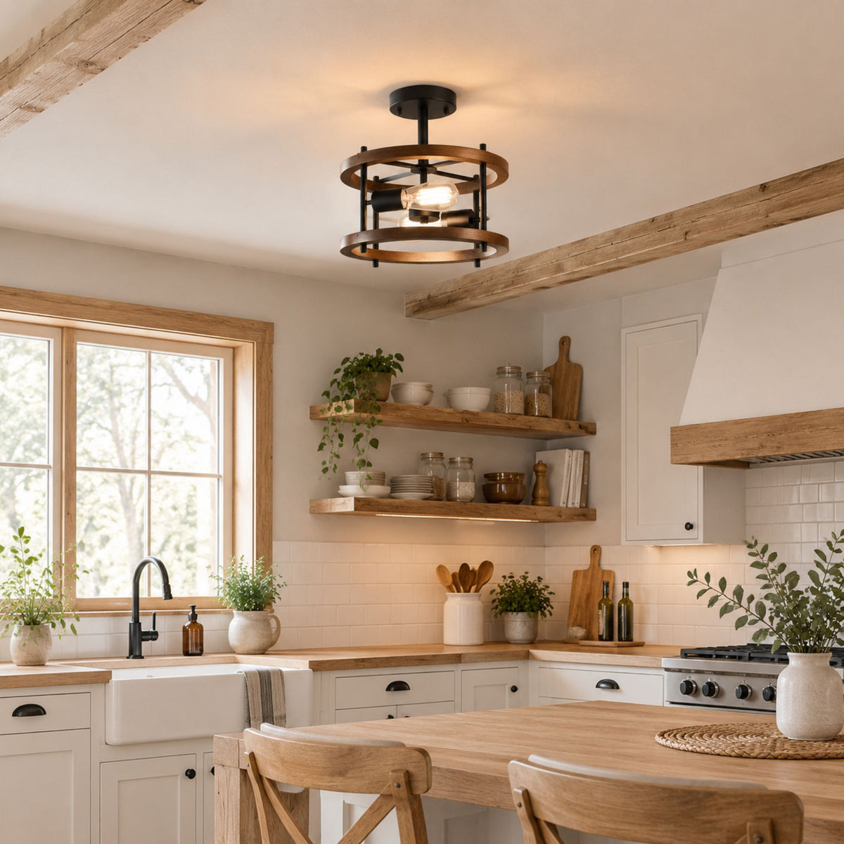 plafonnier bois rustique chaleureux acajou cuisine