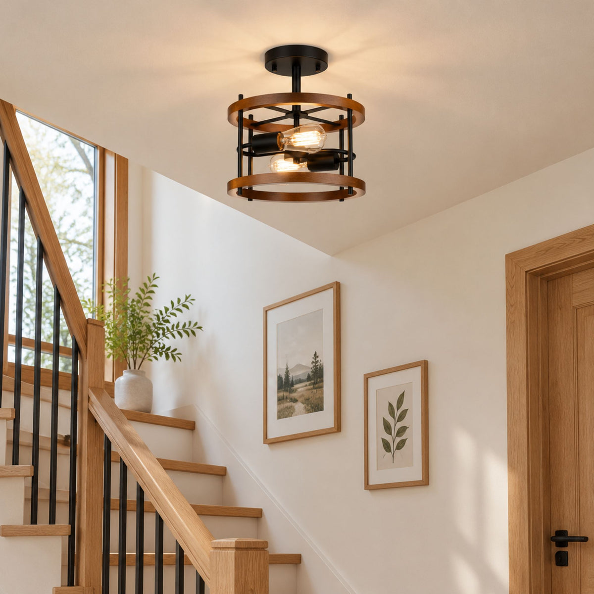 plafonnier bois rustique chaleureux  acajou escalier