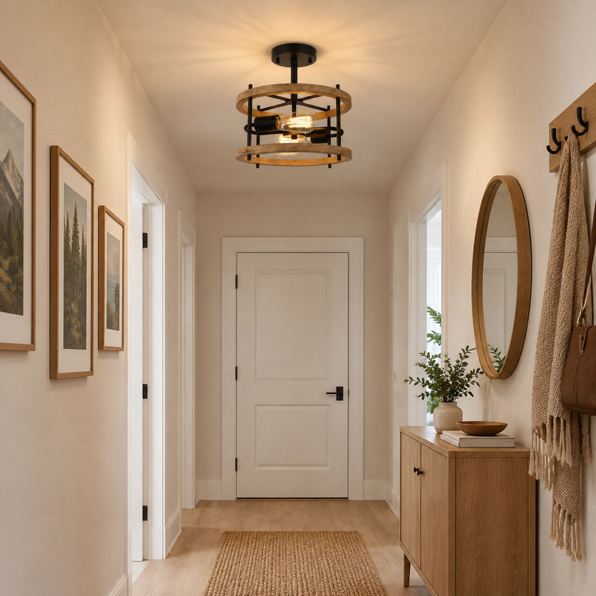 plafonnier bois rustique chaleureux chene couloir