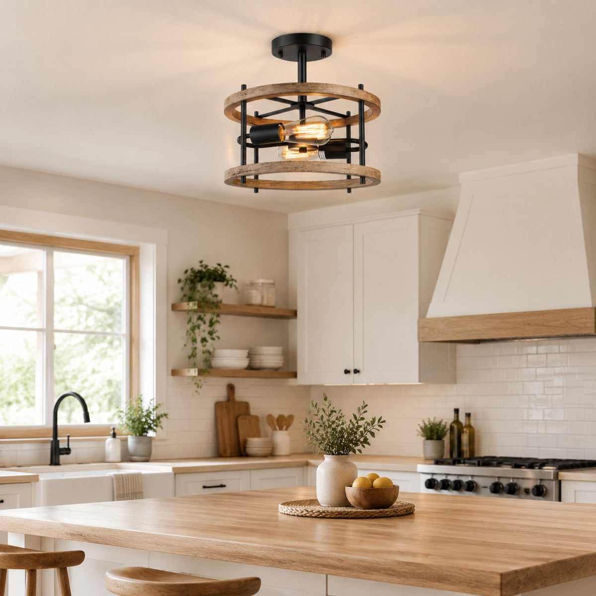 plafonnier bois rustique chaleureux chene cuisine