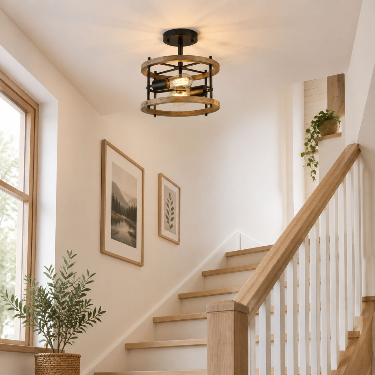 plafonnier bois rustique chaleureux chene escalier