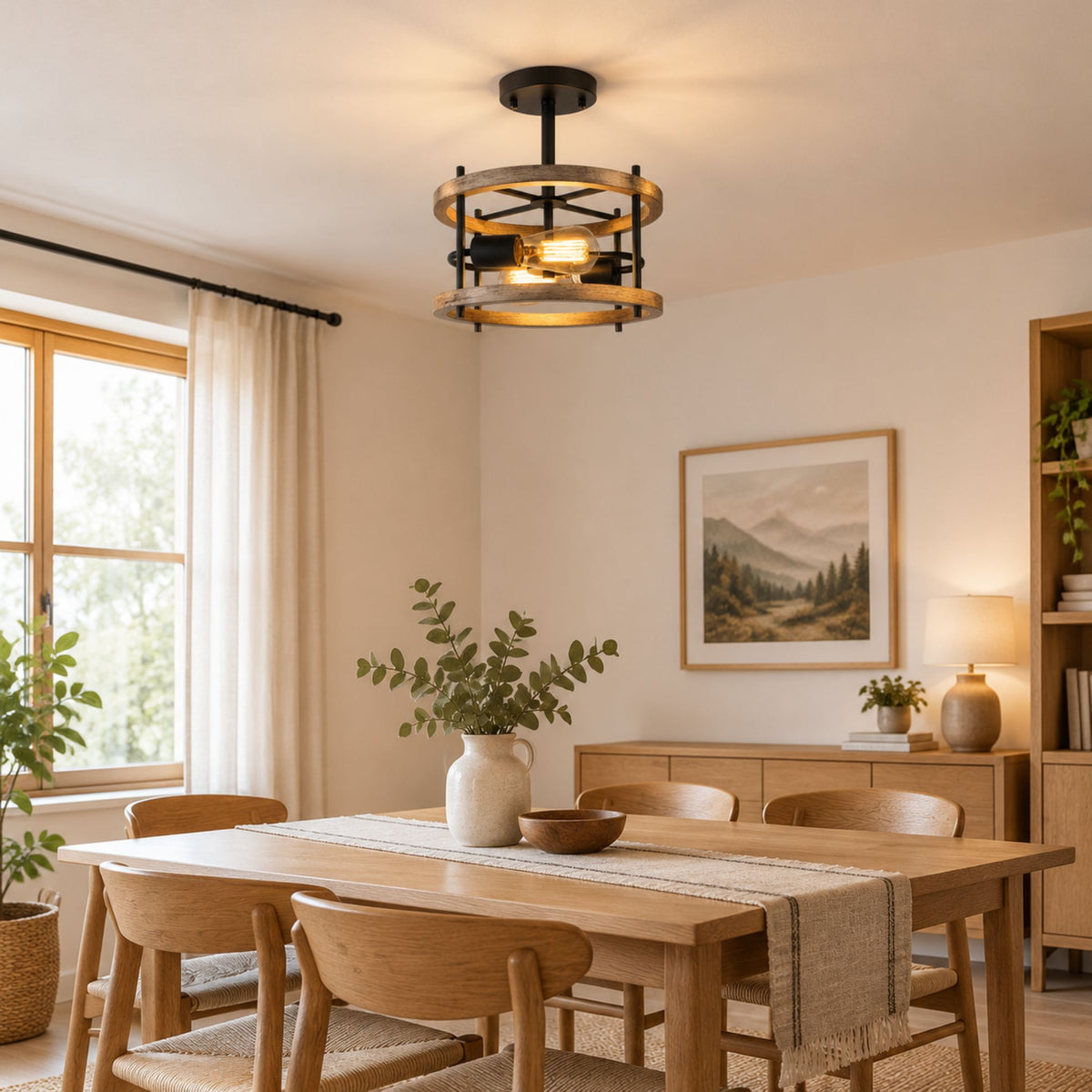 plafonnier bois rustique chaleureux chene salle manger