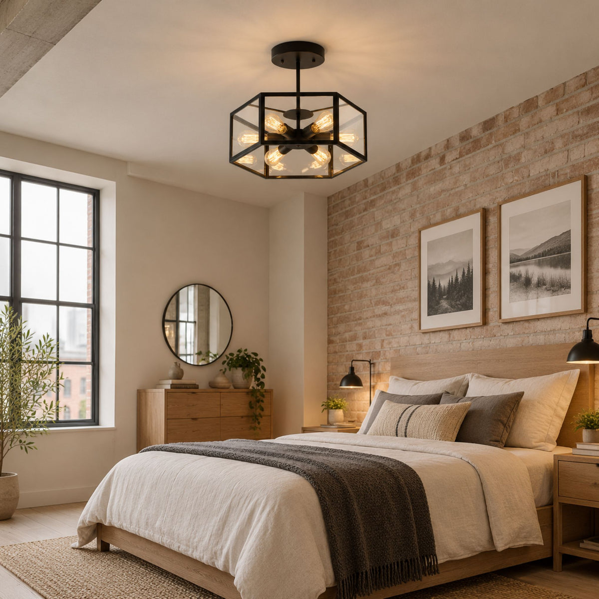 plafonnier industriel noir hexagonal chambre