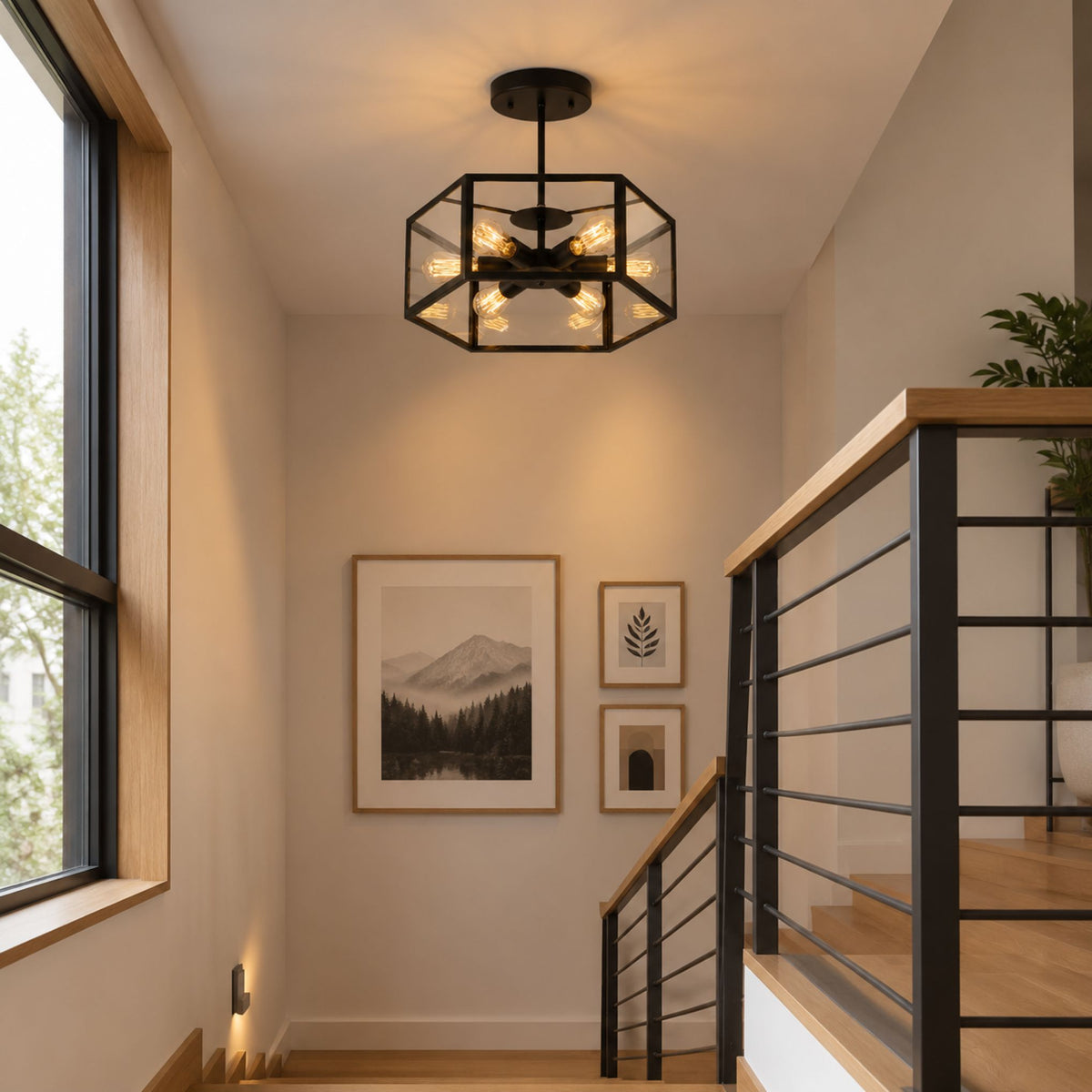 plafonnier industriel noir hexagonal escalier