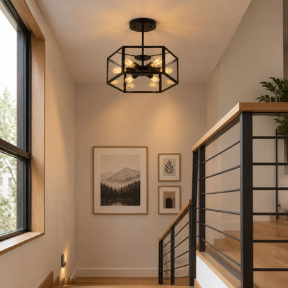 plafonnier industriel noir hexagonal escalier