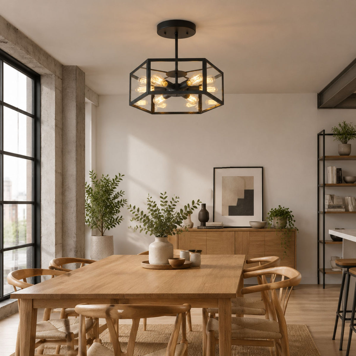 plafonnier industriel noir hexagonal salle manger