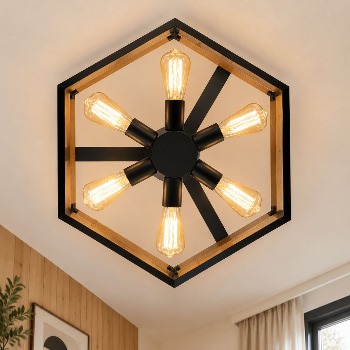 plafonnier industriel noir hexagonal vue dessous