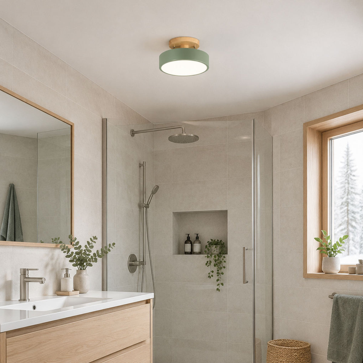 plafonnier macaron au design compact vert salle bain