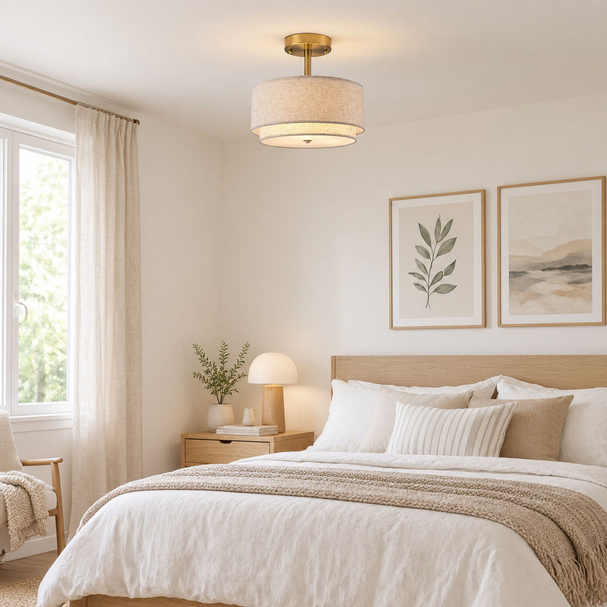 plafonnier mid-century lin beige chambre