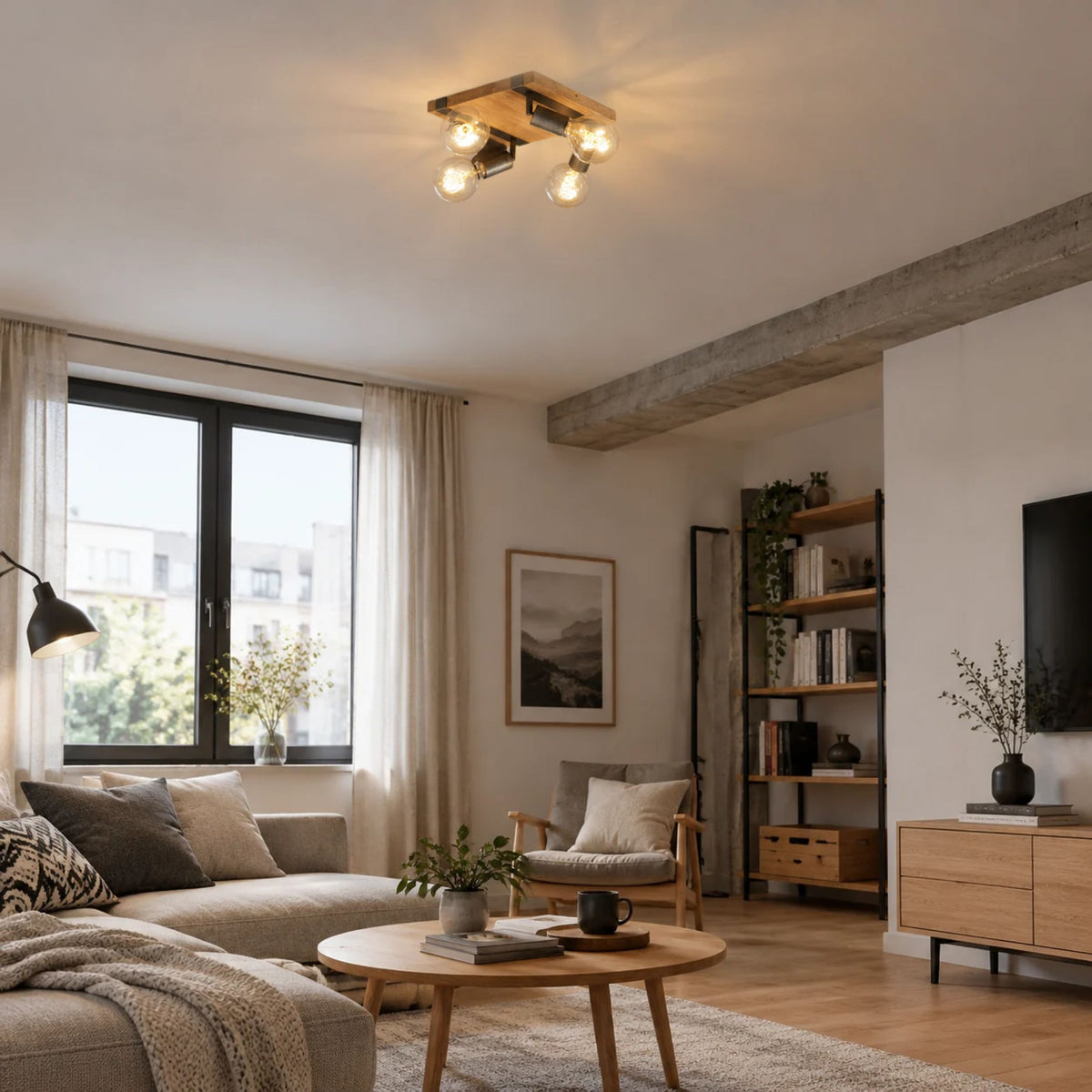 plafonnier spot bois massif industriel 4 spots interieur sejour