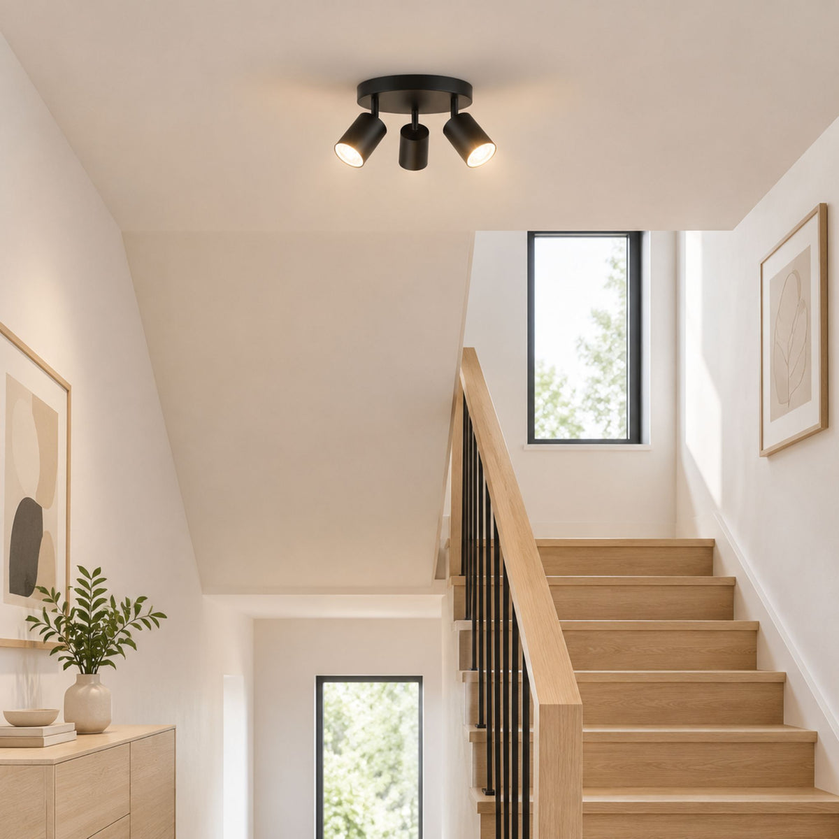 plafonnier spot circulaire orientable contemporain 3 spots noir escalier