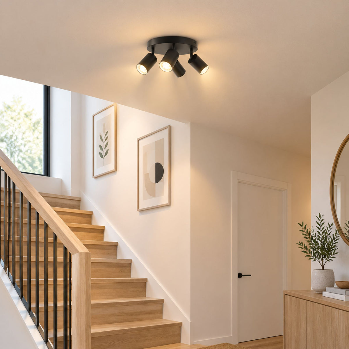 plafonnier spot circulaire orientable contemporain 4 spots noir escalier